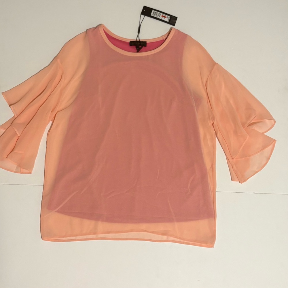Donna Karan Peach Pink Sheer Ruffle Sleeve Blouse NWT XS